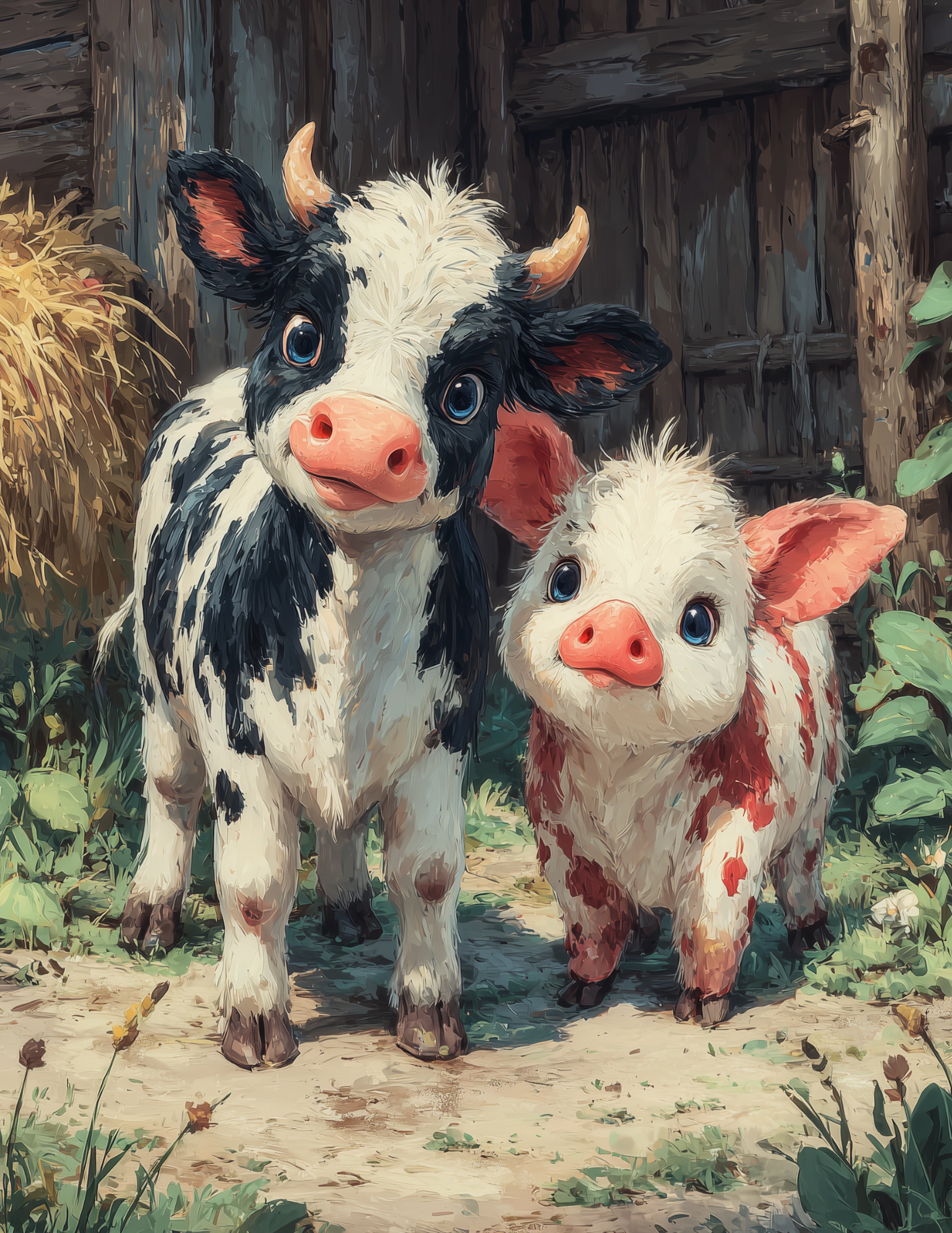 Cow & Pig — Cute Cartoon Serene Tones Duo Wall Art, 3 Sizes Included, Nursery Room Decor