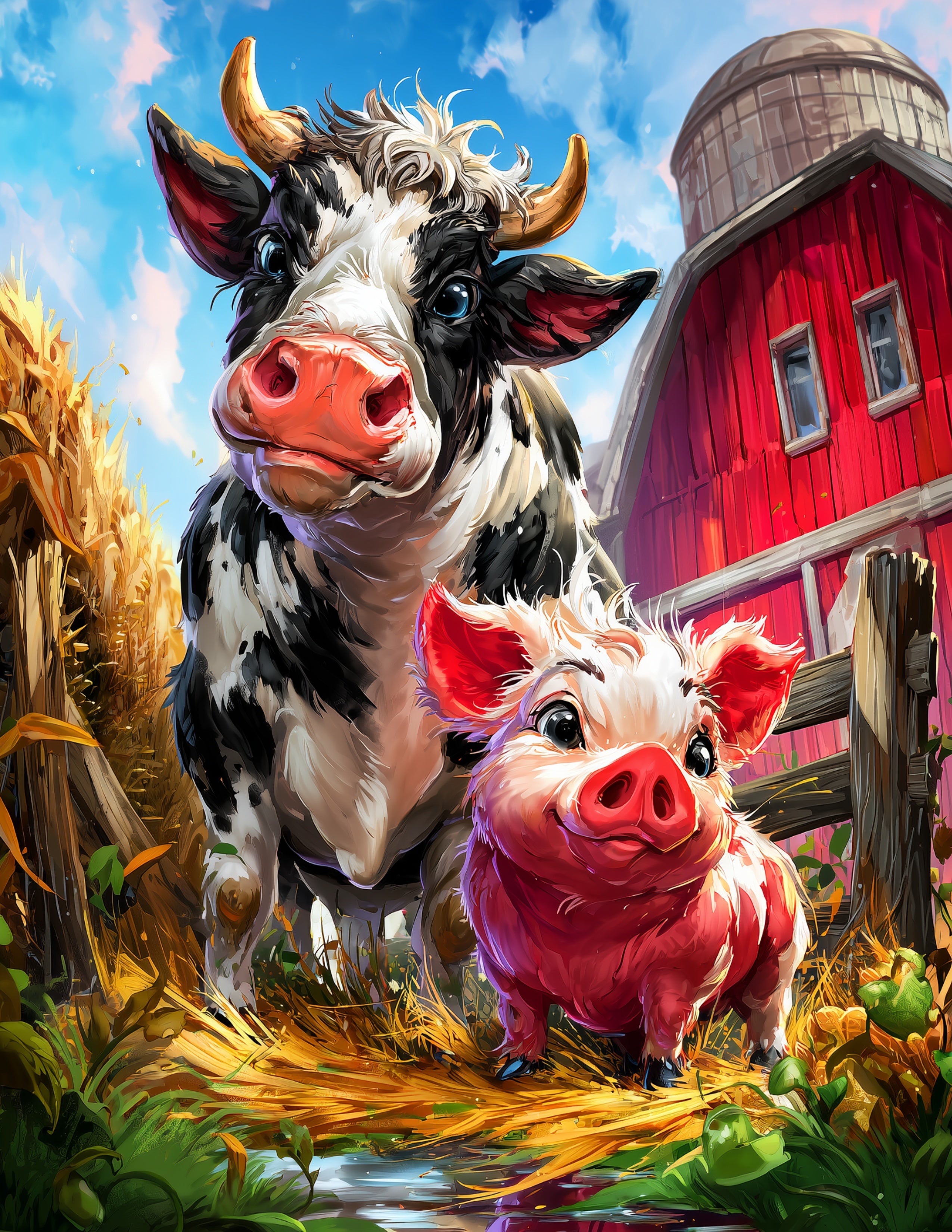Cow & Pig — Cute Cartoon Soft Gradients Duo Wall Art, 3 Sizes Included, Nursery Room Decor