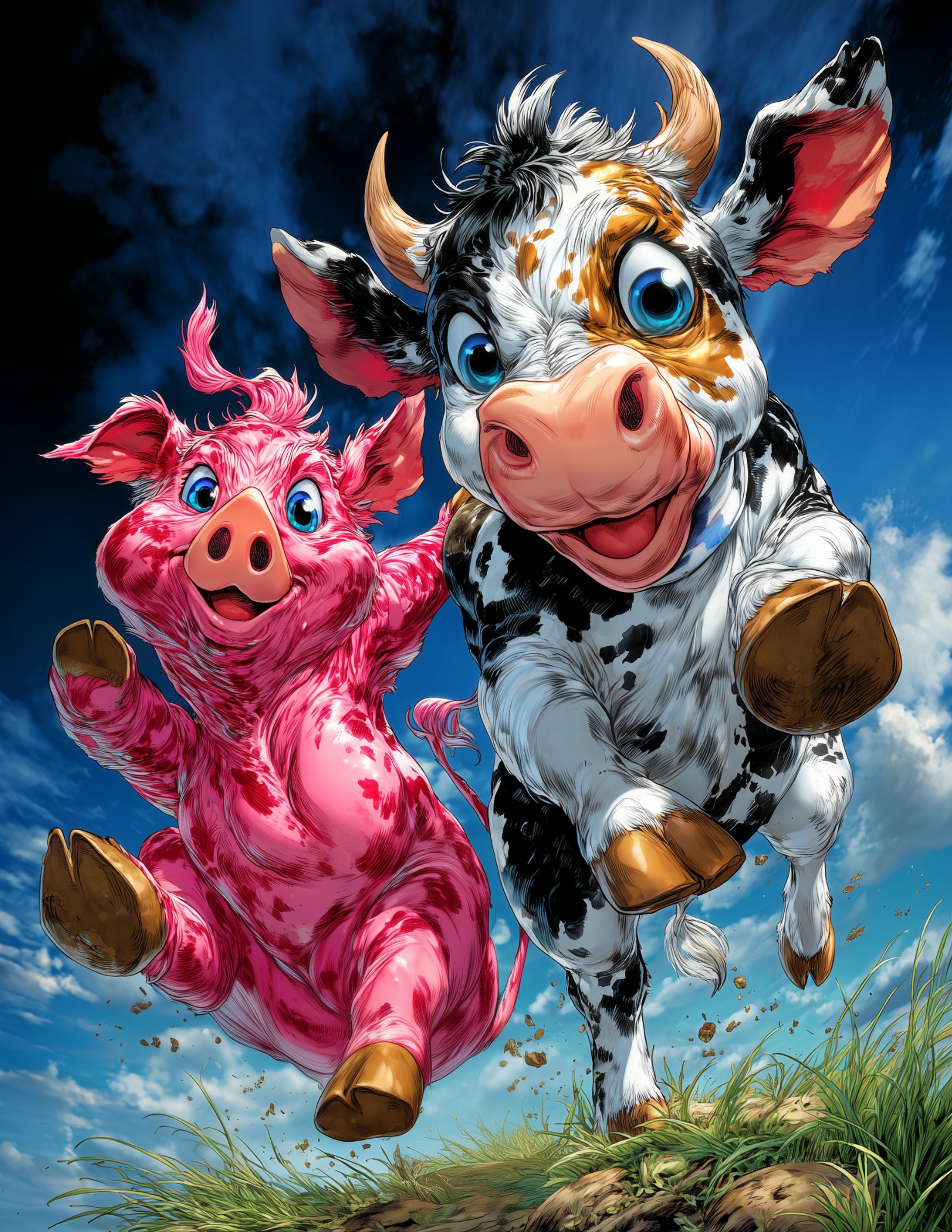 Cow & Pig — Cute Cartoon Sunset Hues Duo Wall Art, 3 Sizes Included, Nursery Room Decor