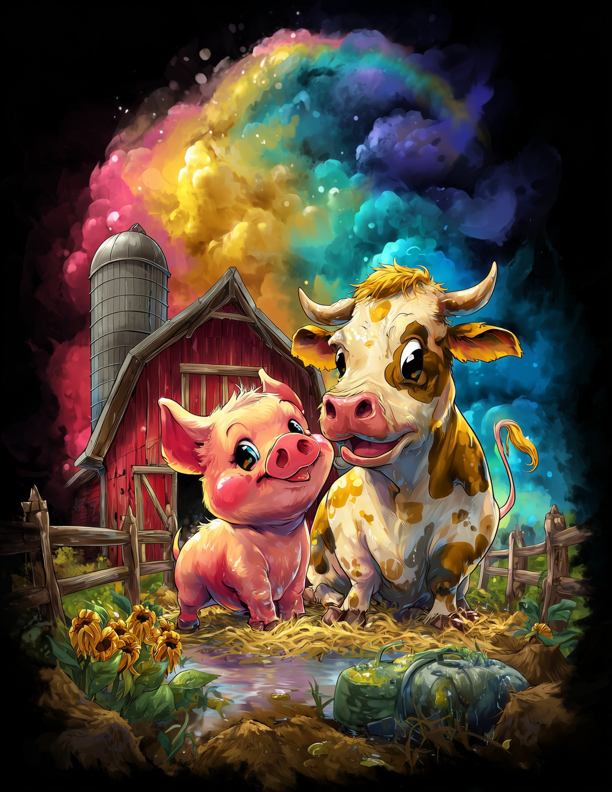 Cow & Pig — Cute Cartoon Vibrant Palette Duo Wall Art, 3 Sizes Included, Nursery Room Decor