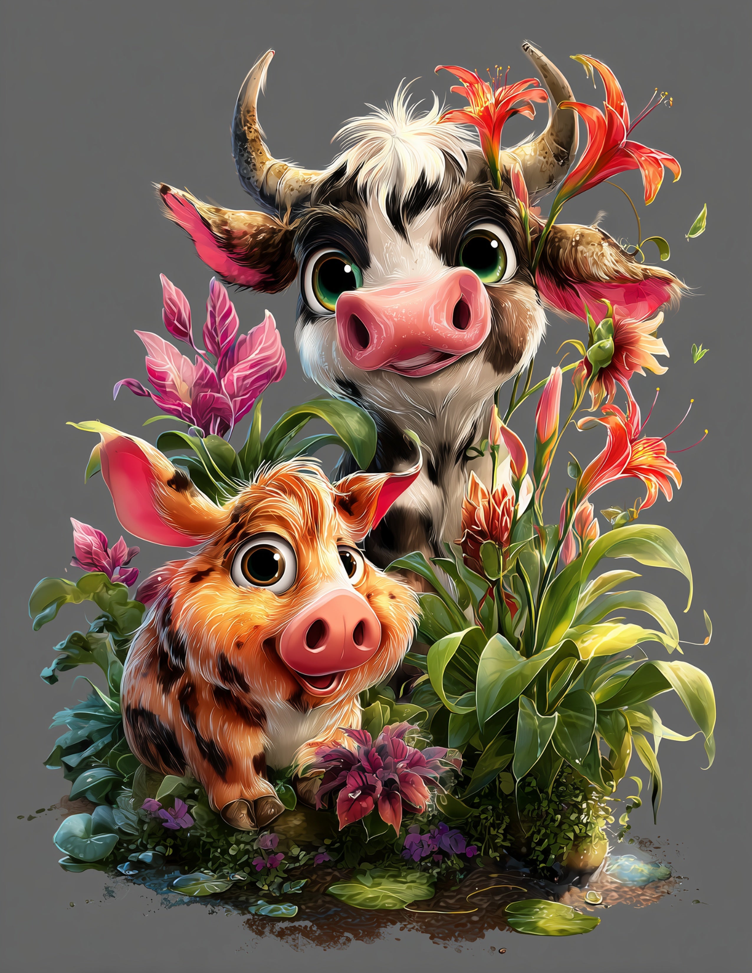 Cow & Pig — Cute Cartoon Warm Pastels Duo Wall Art, 3 Sizes Included, Nursery Room Decor