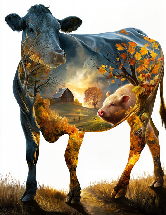 Cow & Pig — Double Exposure Amber Tones Duo Wall Art, 3 Sizes Included, Living Room Decor