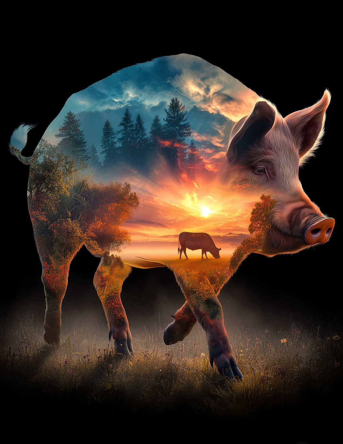 Cow & Pig — Double Exposure Bold Contrast Duo Wall Art, 3 Sizes Included, Living Room Decor