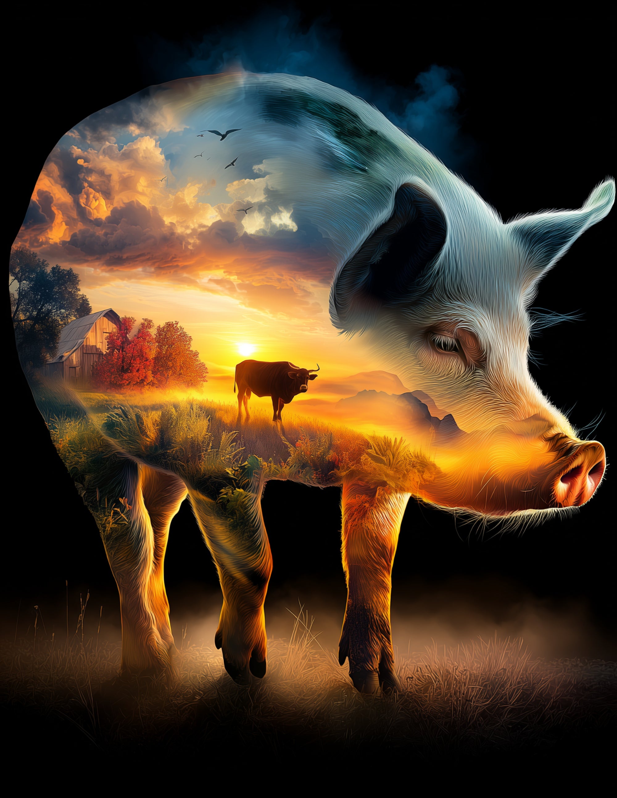 Cow & Pig — Double Exposure Calm Hues Duo Wall Art, 3 Sizes Included, Living Room Decor
