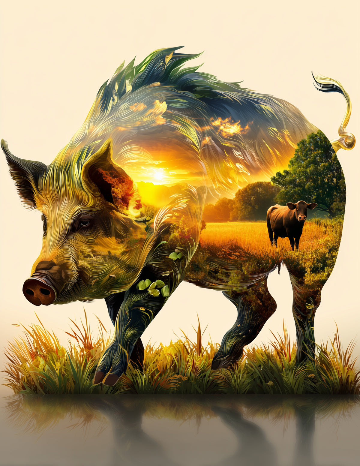 Cow & Pig — Double Exposure Forest Tones Duo Wall Art, 3 Sizes Included, Living Room Decor