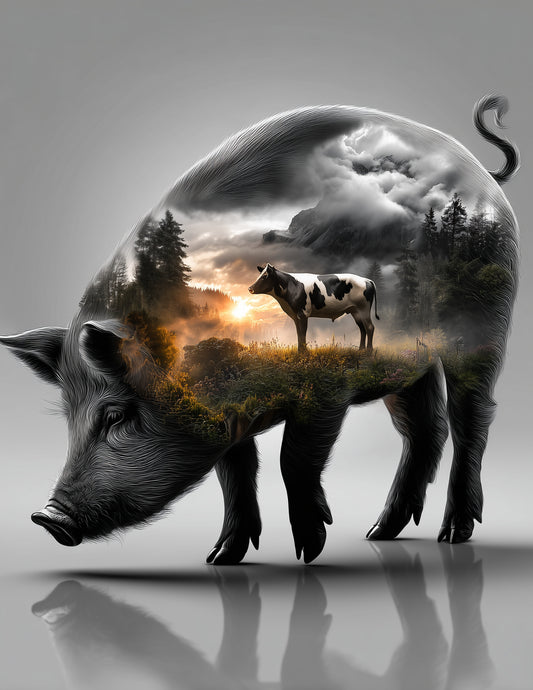 Cow & Pig — Double Exposure Serene Palette Duo Wall Art, 3 Sizes Included, Living Room Decor