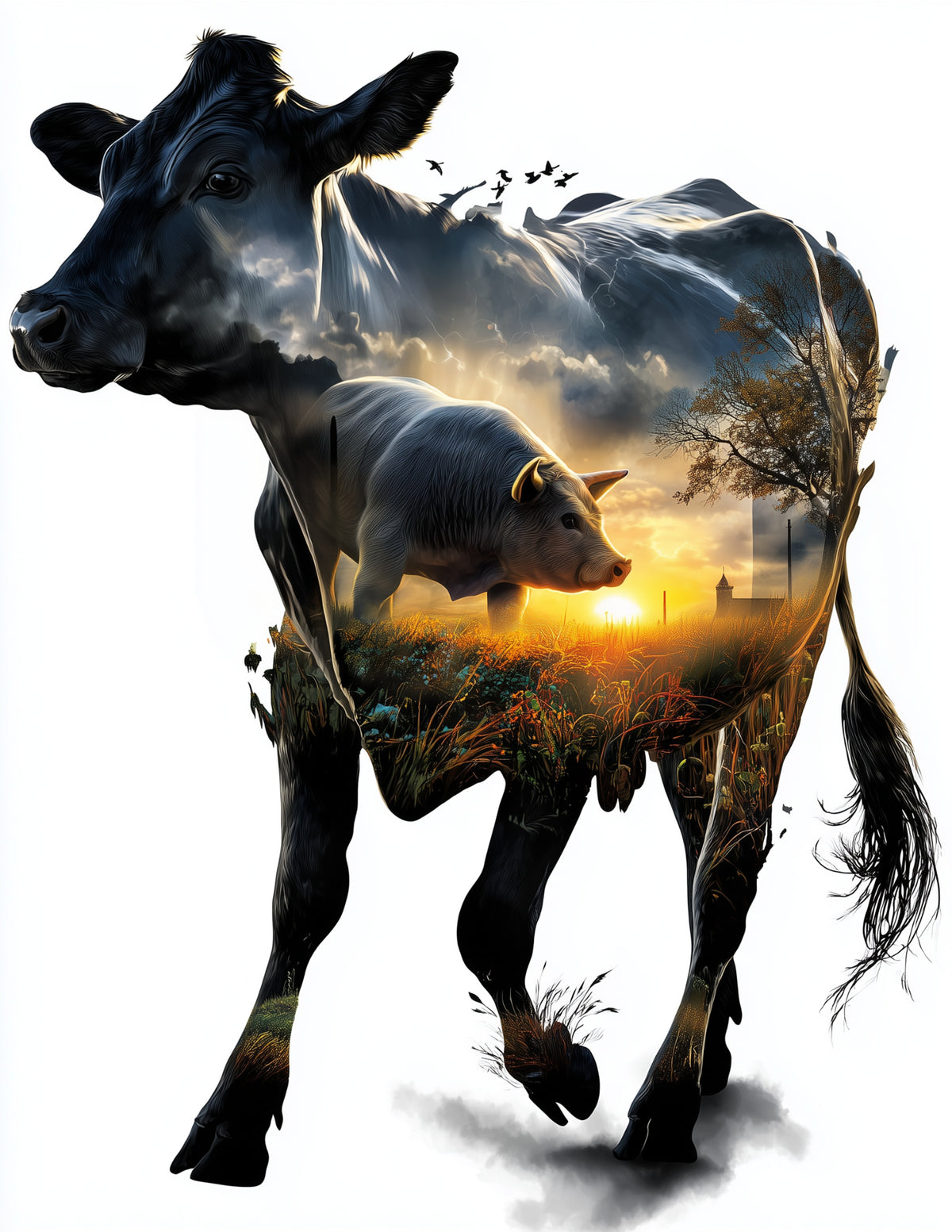 Cow & Pig — Double Exposure Soft Gradients Duo Wall Art, 3 Sizes Included, Living Room Decor