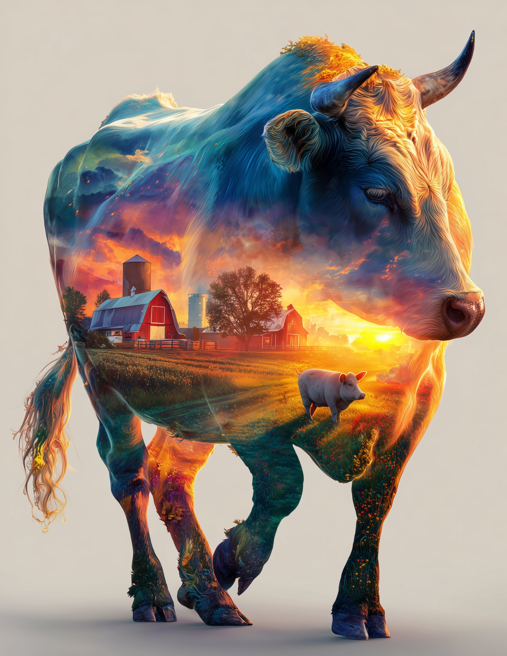 Cow & Pig — Double Exposure Sunset Hues Duo Wall Art, 3 Sizes Included, Living Room Decor
