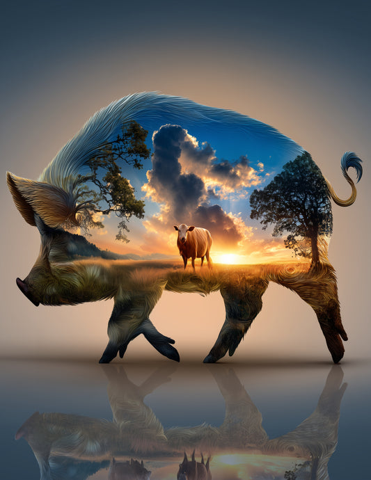 Cow & Pig — Double Exposure Teal Hues Duo Wall Art, 3 Sizes Included, Living Room Decor