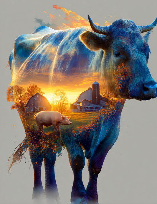 Cow & Pig — Double Exposure Vibrant Tones Duo Wall Art, 3 Sizes Included, Living Room Decor