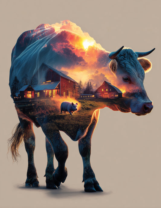 Cow & Pig — Double Exposure Warm Palette Duo Wall Art, 3 Sizes Included, Living Room Decor