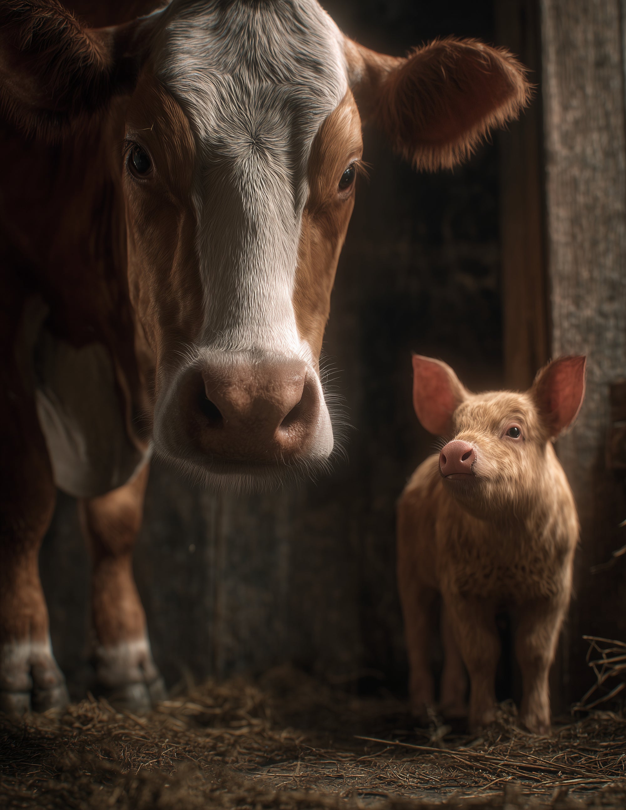Cow & Pig — Realistic Amber Hues Duo Wall Art, 3 Sizes Included, Living Room Decor