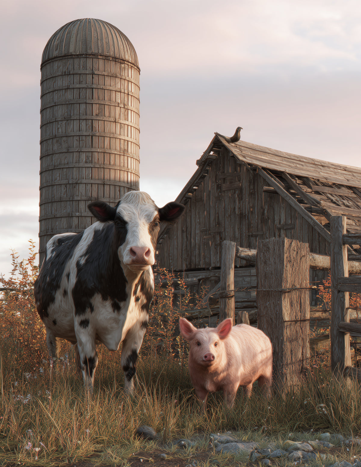 Cow & Pig — Realistic Calm Palette Duo Wall Art, 3 Sizes Included, Living Room Decor