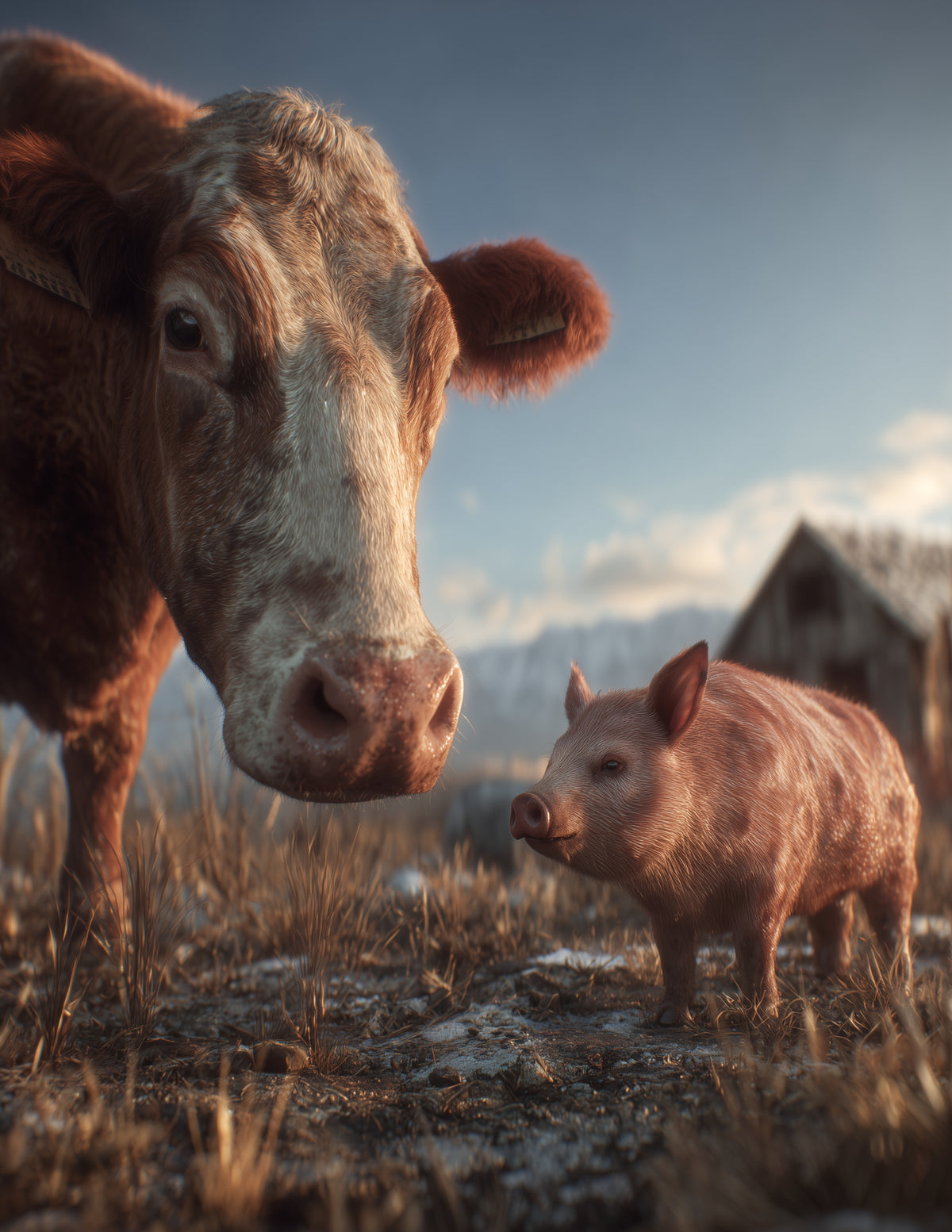 Cow & Pig — Realistic Soft Gradients Duo Wall Art, 3 Sizes Included, Living Room Decor