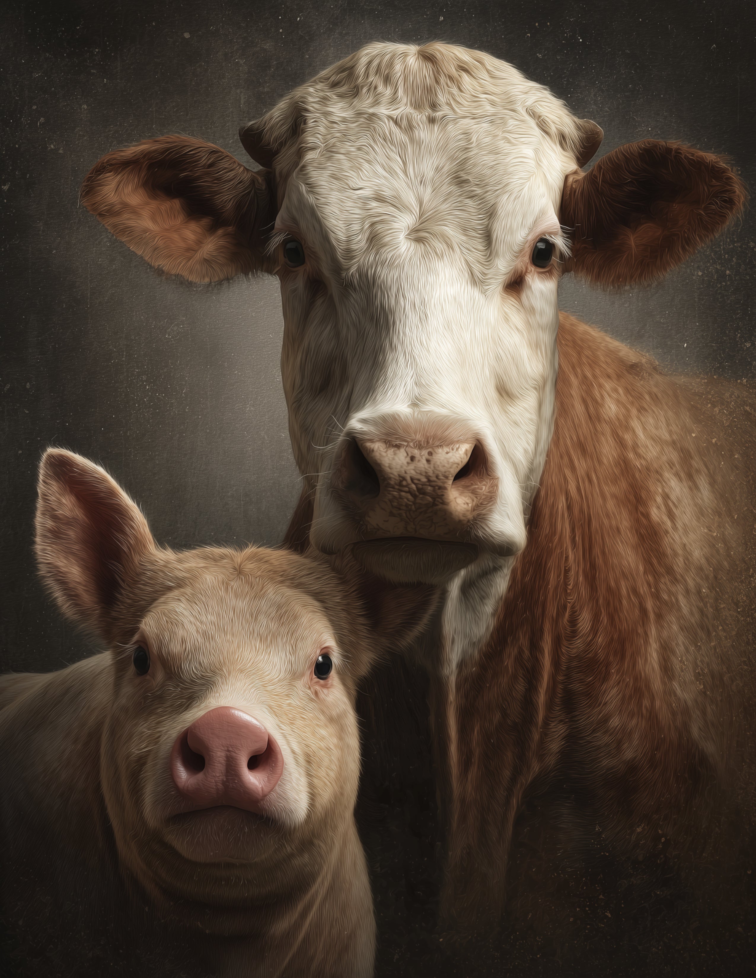 Cow & Pig — Realistic Warm Tones Duo Wall Art, 3 Sizes Included, Living Room Decor