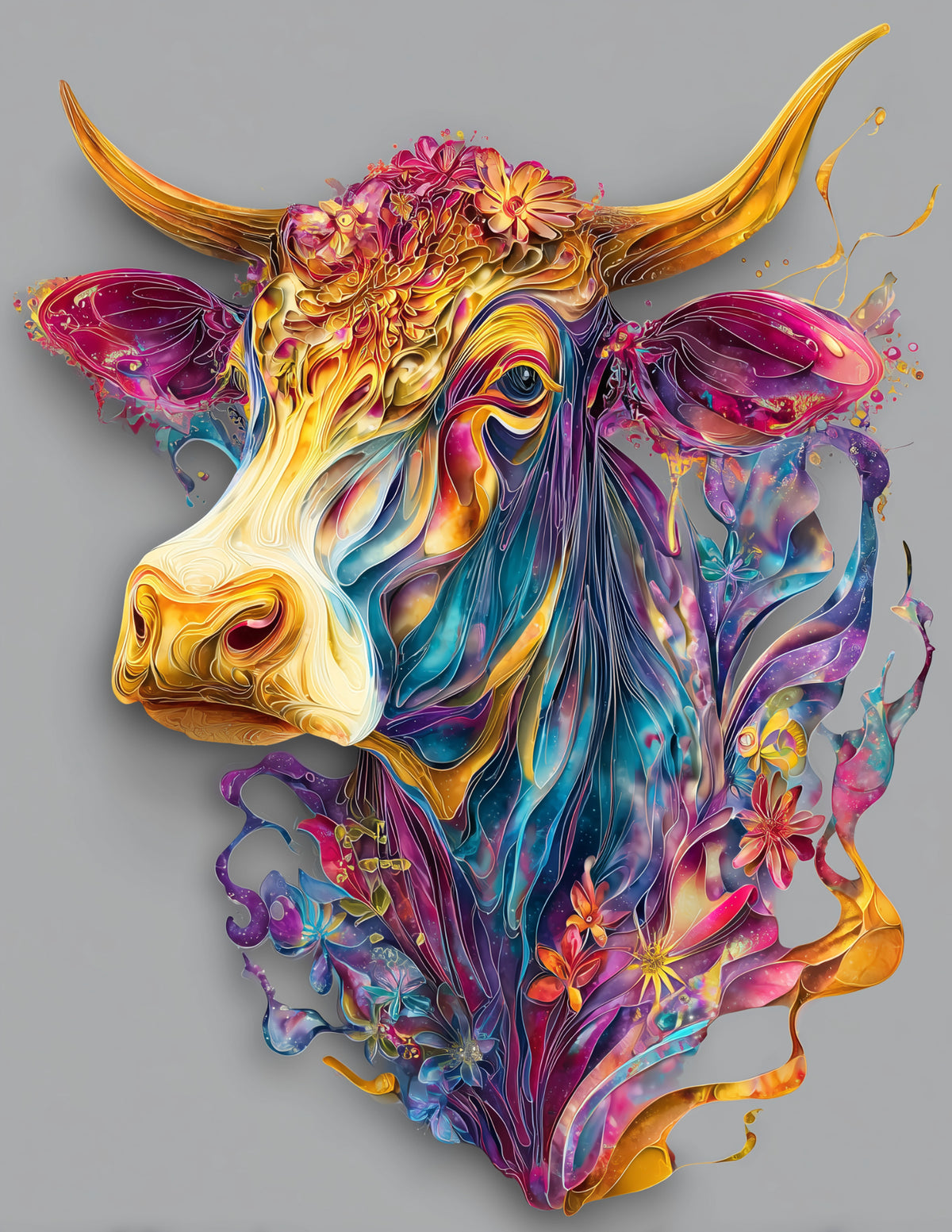 Cow —Psychedelic Art, Gold Highlights Digital Wall Art, 3 Sizes Included, Living Room Decor