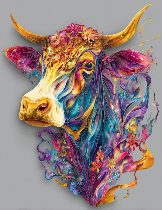 Cow —Pyschedelic Art, Gold Highlights Digital Wall Art, 3 Sizes Included, Living Room Decor