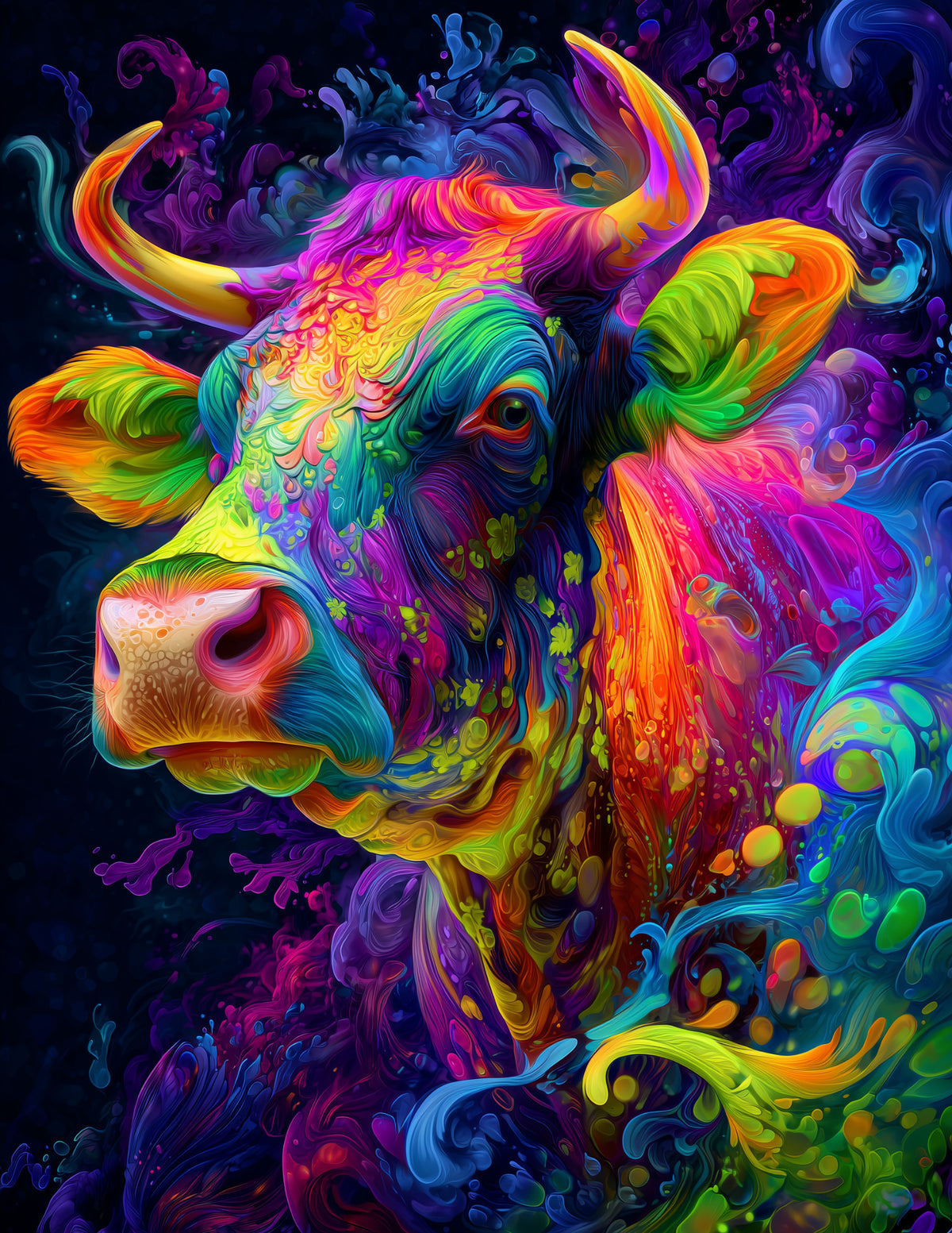 Cow —Psychedelic Art, Intense Contrast Digital Wall Art, 3 Sizes Included, Living Room Decor