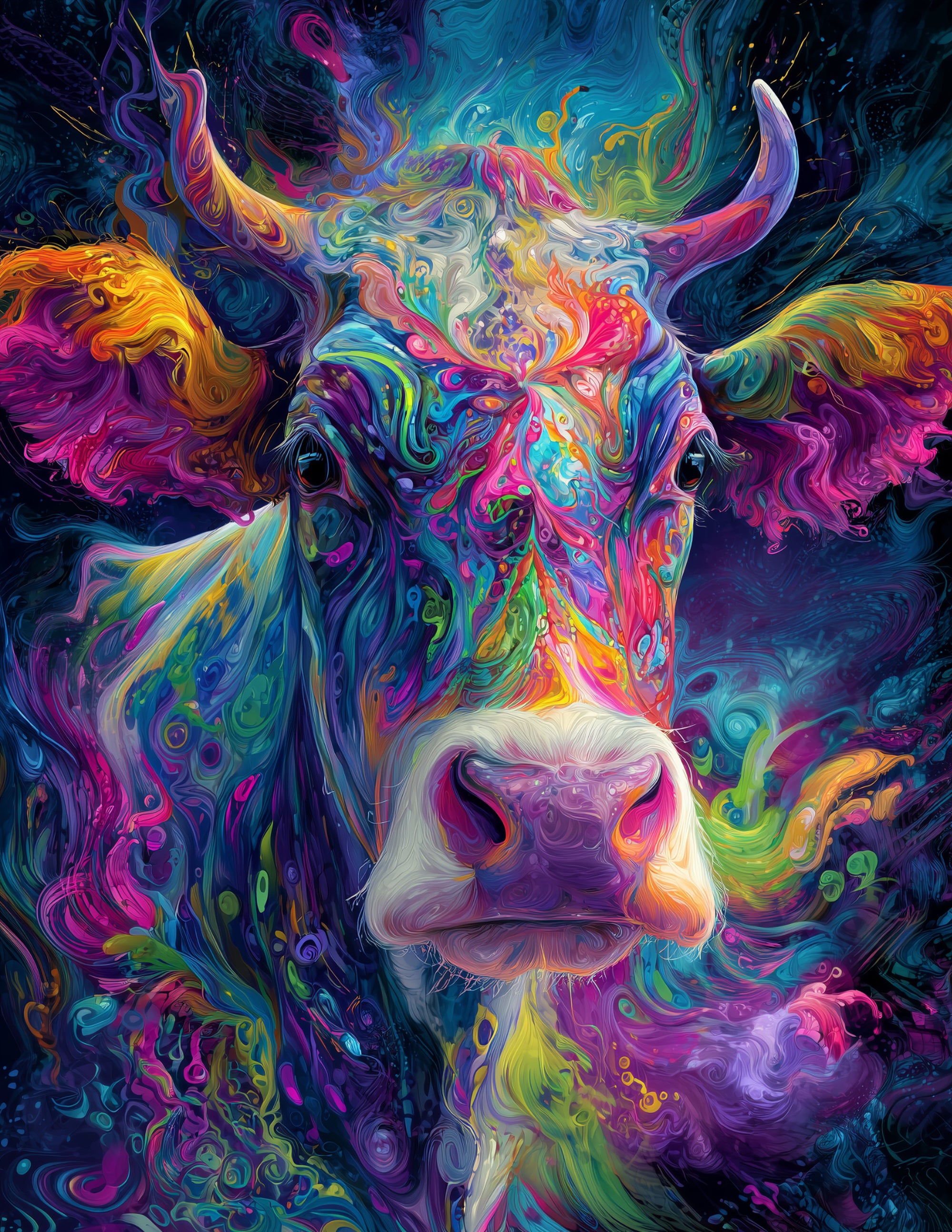 Cow —Psychedelic Art, Saturated Hues Digital Wall Art, 3 Sizes Included, Living Room Decor