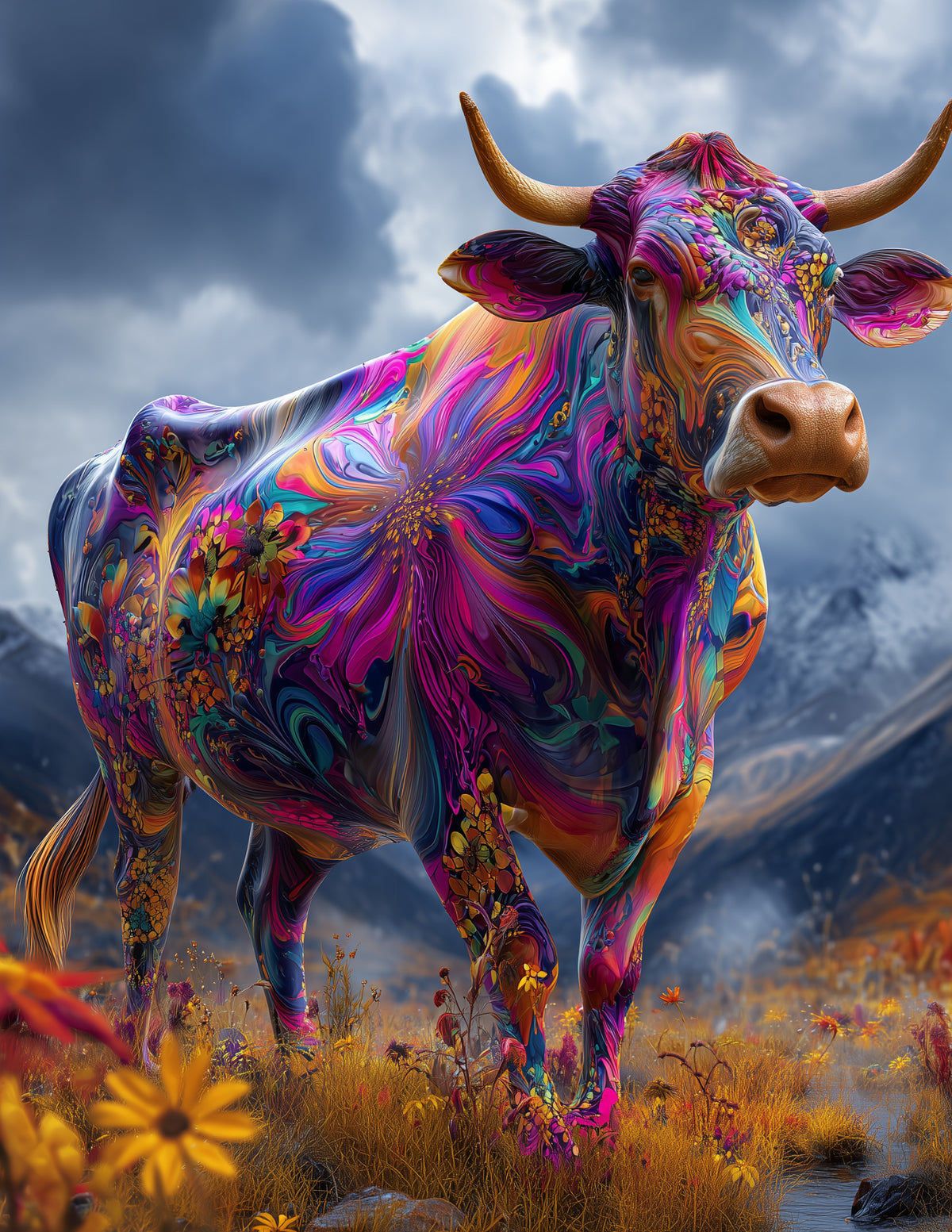 Cow —Psychedelic Art, Vibrant Detail Digital Wall Art, 3 Sizes Included, Living Room Decor