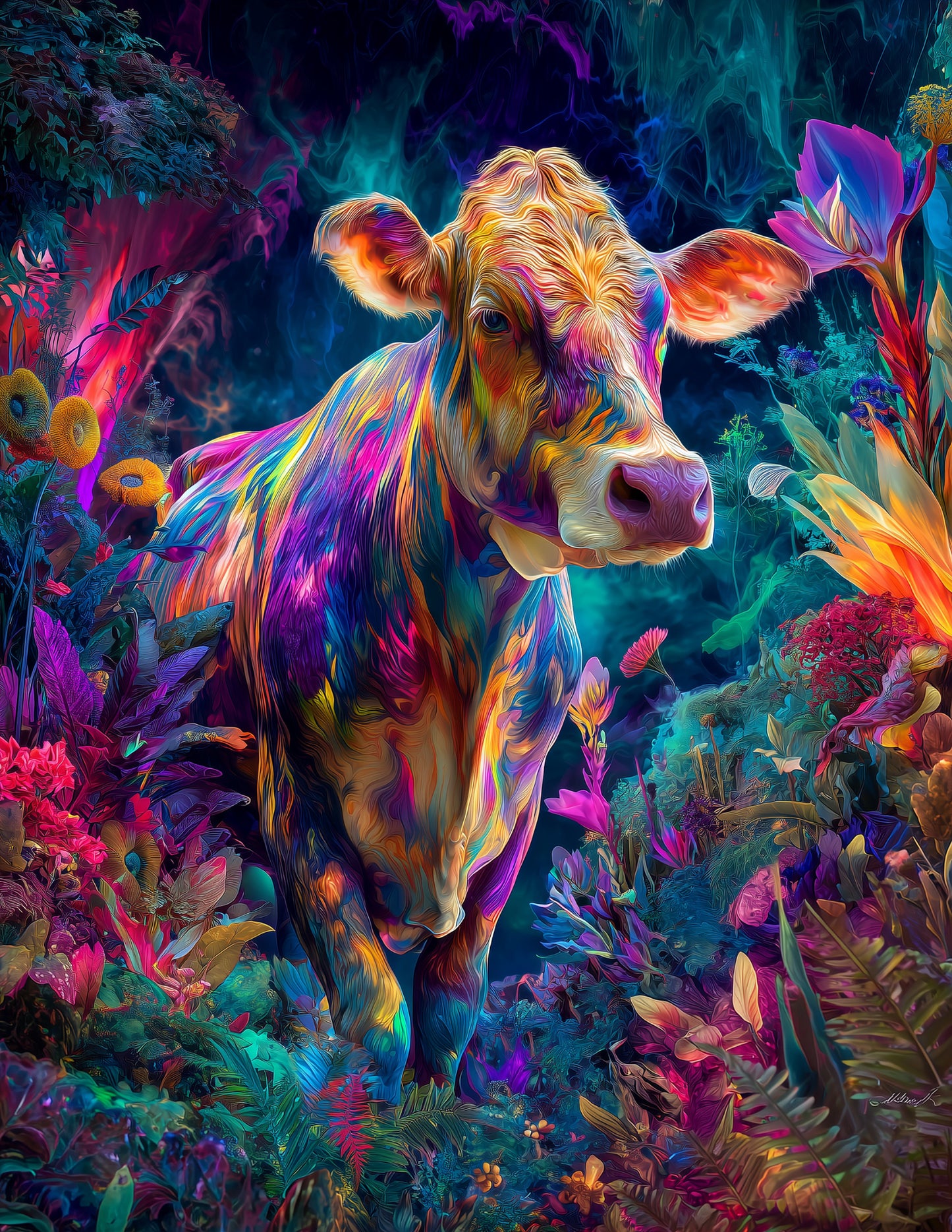 Cow —Psychedelic Art, Violet Gradients Digital Wall Art, 3 Sizes Included, Living Room Decor