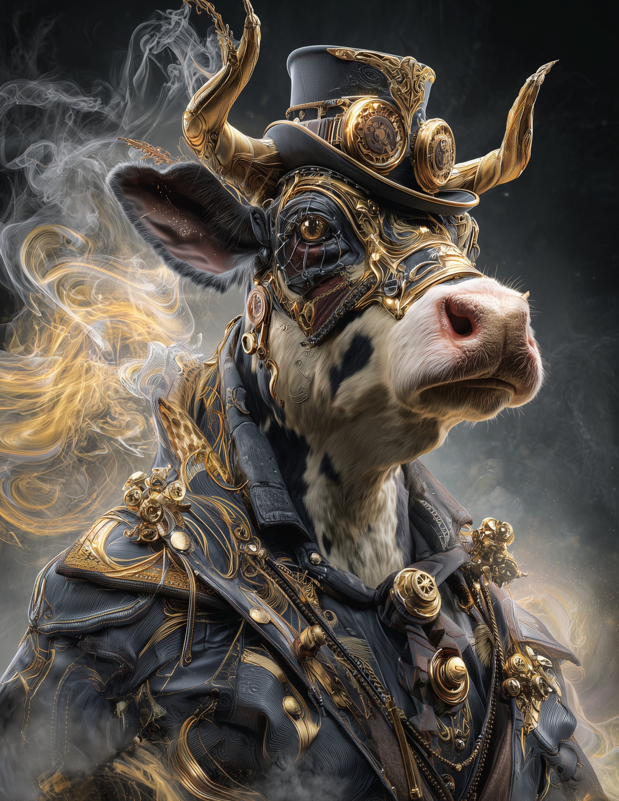 Cow —Steampunk Art, Gold Detail Digital Wall Art, 3 Sizes Included, Living Room Decor