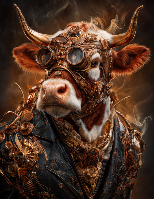 Cow —Steampunk Art, Warm Highlights Digital Wall Art, 3 Sizes Included, Living Room Decor