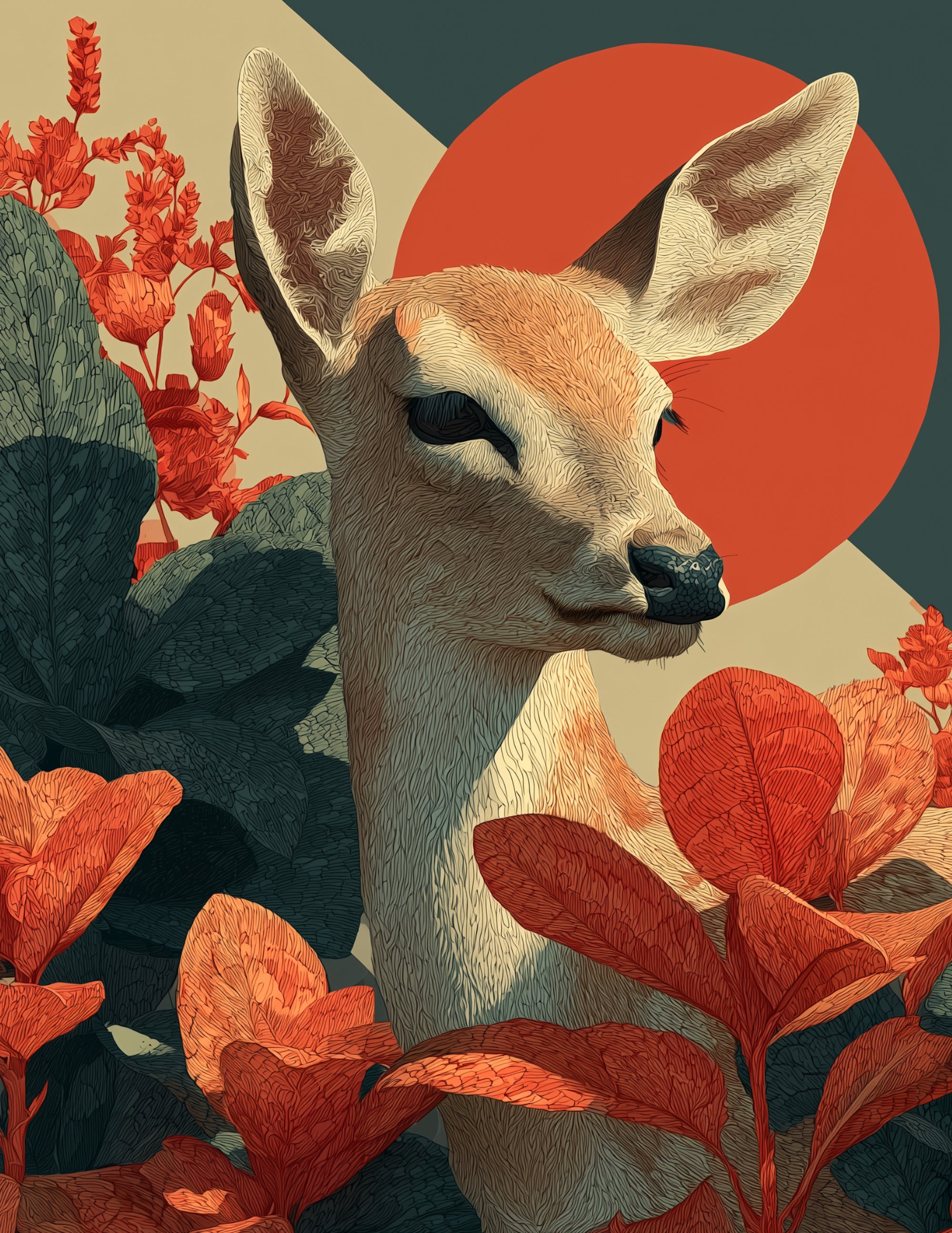 Deer — Boho Art, Coral Contrast Digital Wall Art, 3 Sizes Included, Living Room Decor