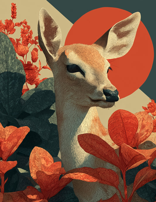 Deer — Boho Art, Coral Contrast Digital Wall Art, 3 Sizes Included, Living Room Decor