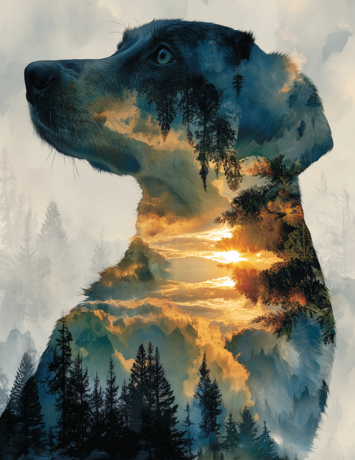 Dog — Double Exposure Art, Dawn Mist Digital Wall Art, 3 Sizes Included, Living Room Decor