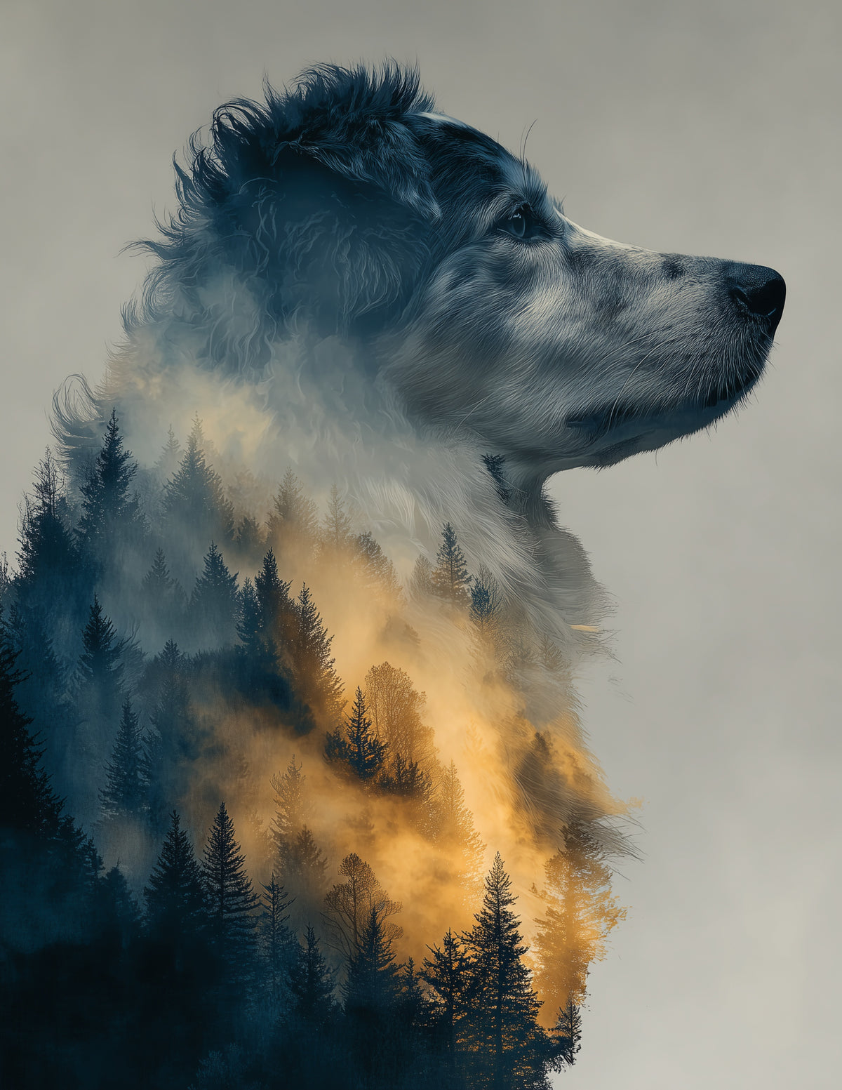 Dog — Double Exposure Art, Forest Tones Digital Wall Art, 3 Sizes Included, Living Room Decor