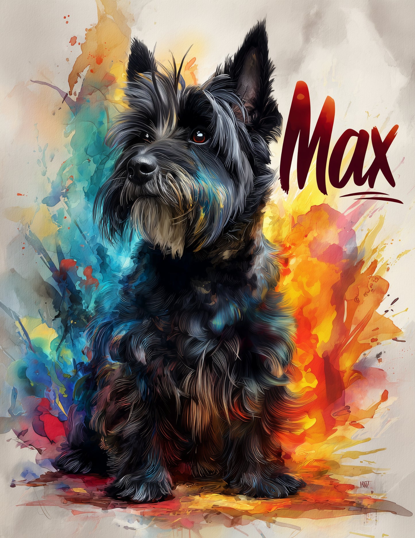 Dog Watercolor Personalized Art Bold Tones Digital Wall Art, 3 Sizes Included, Living Room Decor