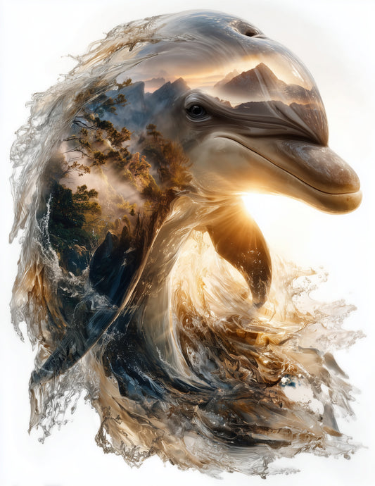 Dolphin — Double Exposure Art, Dawn Light Digital Wall Art, 3 Sizes Included, Living Room Decor
