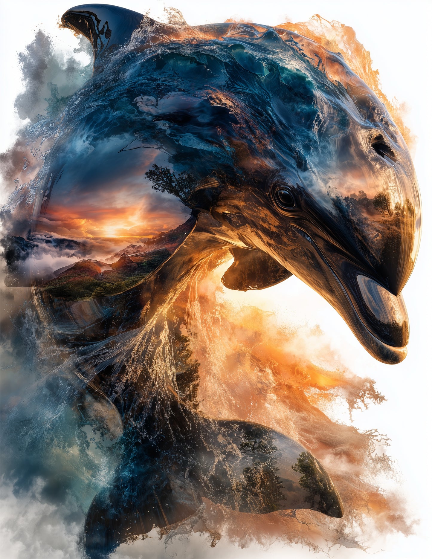 Dolphin — Double Exposure Art, Forest Tones Digital Wall Art, 3 Sizes Included, Living Room Decor