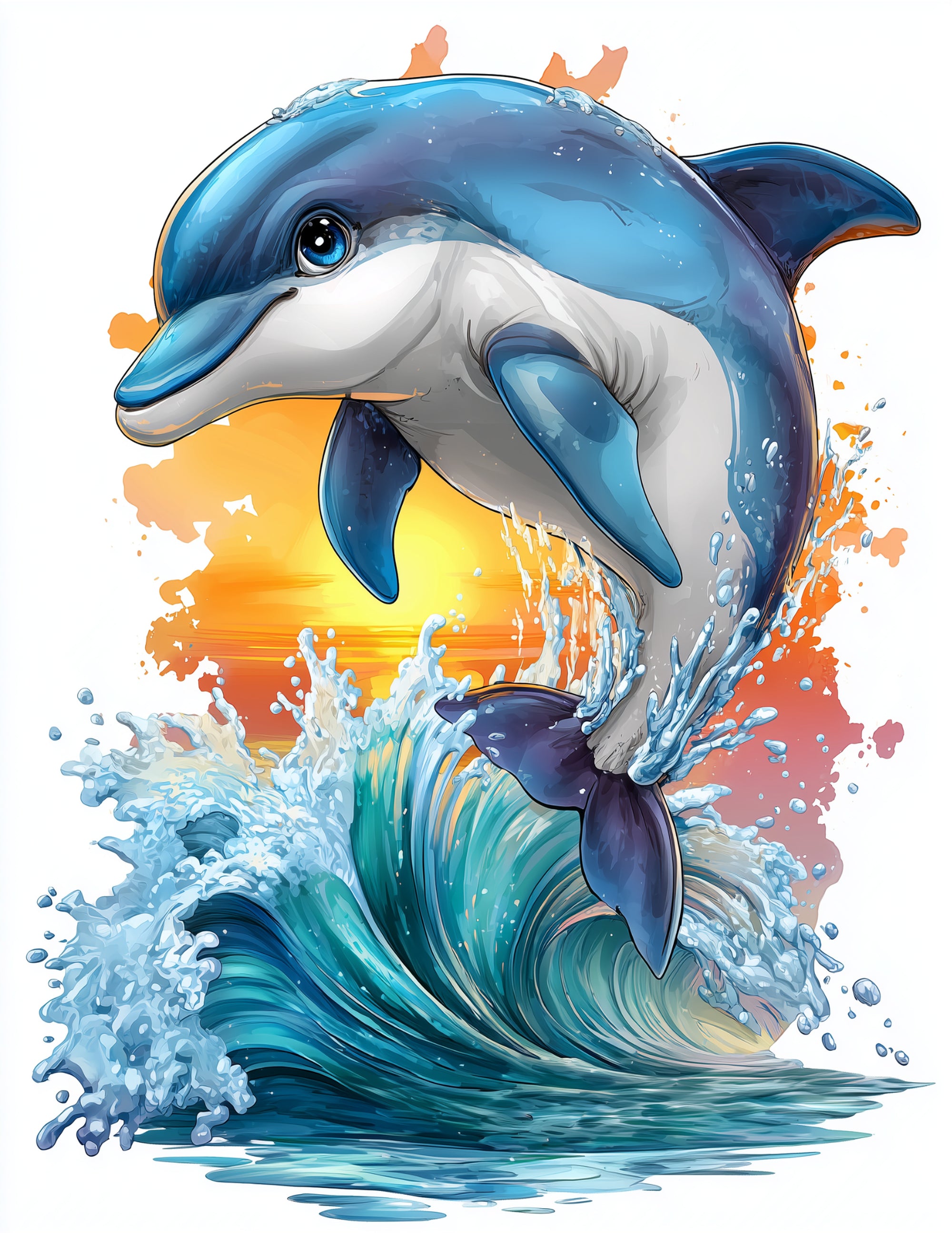 Dolphin — Cute Cartoon  Jumping Art, Dreamy Hues Digital Wall Art, 3 Sizes Included, Nursery Decor