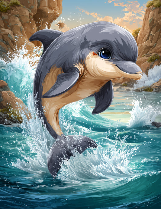 Dolphin — Cute Cartoon Jump Art, Soft Pastels Digital Wall Art, 3 Sizes Included, Living Room Decor