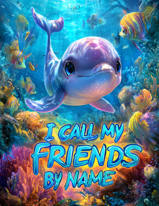 Dolphin — "I call my friends by name" Cute Cartoon Art, Vibrant Palette Digital Wall Art, 3 Sizes Included, Nursery Decor