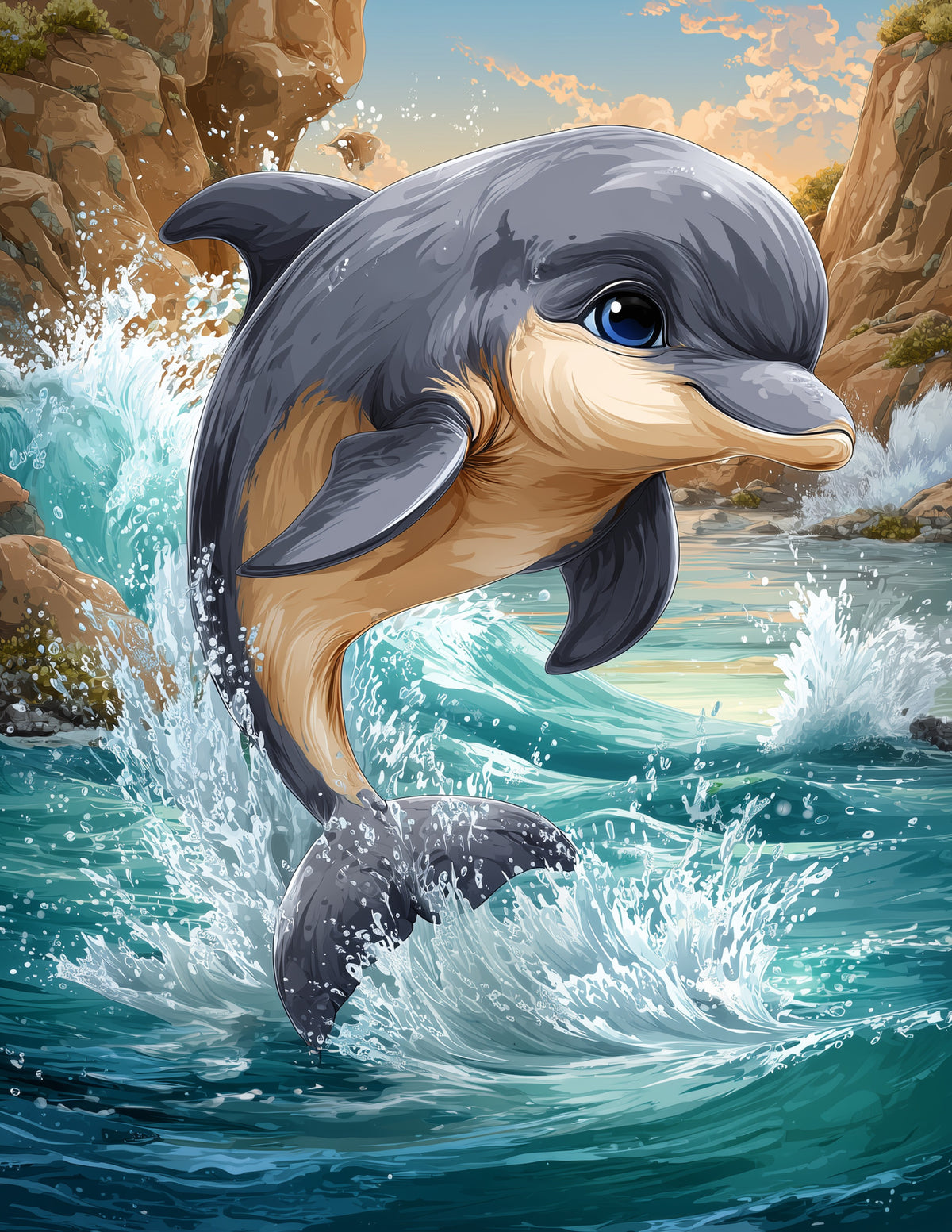 Dolphin — Cute Cartoon Jumping Art, Soft Pastels Digital Wall Art, 3 Sizes Included, Nursery Decor
