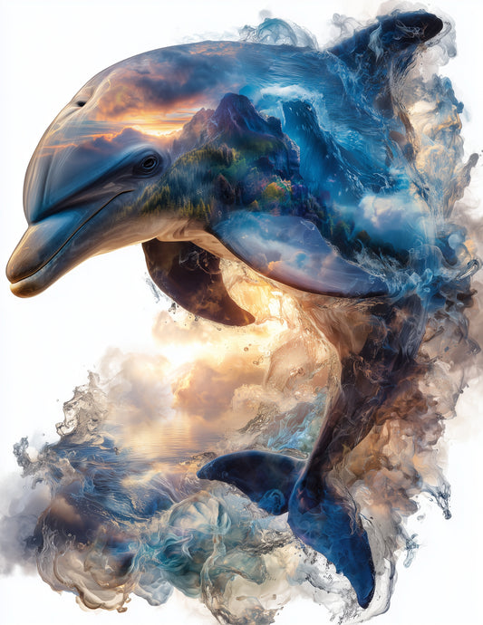 Dolphin Double Exposure Art Horizon Glow, Digital Wall Art, 3 Sizes Included, Living Room Decor
