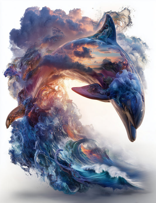 Dolphin Double Exposure Art Island Glow, Digital Wall Art, 3 Sizes Included, Living Room Decor
