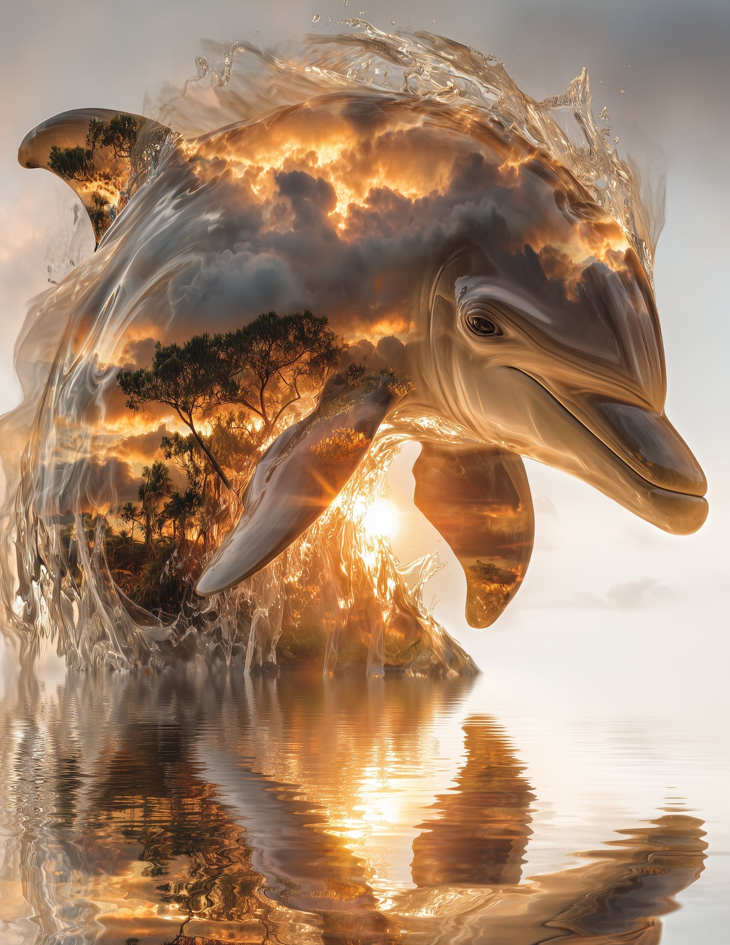 Dolphin Double Exposure Art Mountain Mist, Digital Wall Art, 3 Sizes Included, Living Room Decor