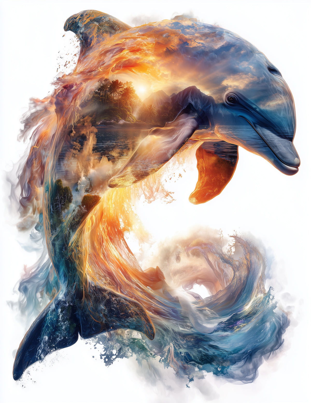 Dolphin — Double Exposure Art Sunrise Tones, Digital Wall Art, 3 Sizes Included, Living Room Decor