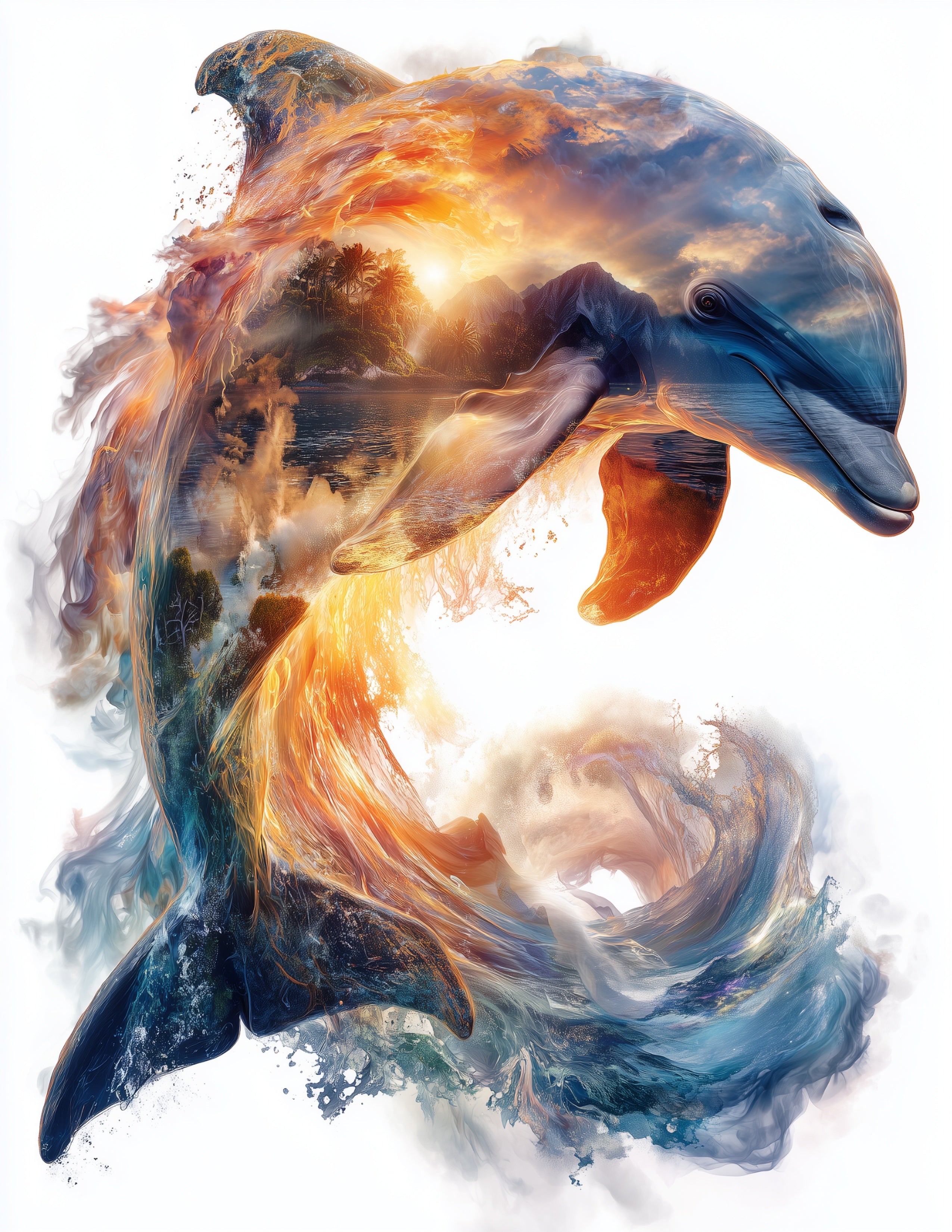 Dolphin — Double Exposure Art Sunrise Tones, Digital Wall Art, 3 Sizes Included, Living Room Decor