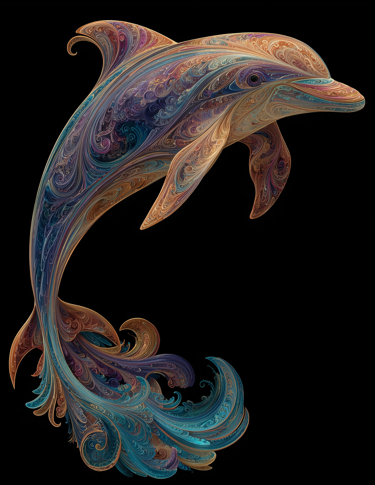 Dolphin — Fractal Filigree Jumping Art, Emerald Hues Digital Wall Art, 3 Sizes Included, Living Room Decor