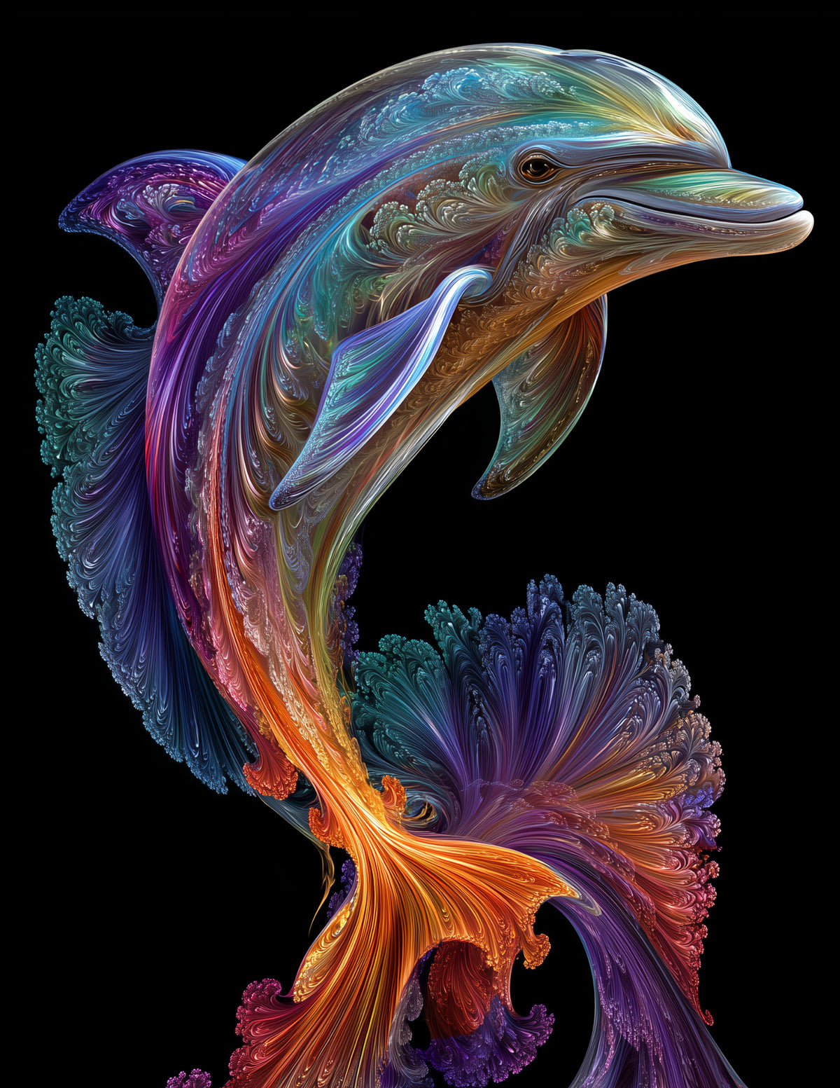 Dolphin — Fractal Filigree Jumping Art, Sapphire Gradients Digital Wall Art, 3 Sizes Included, Living Room Decor