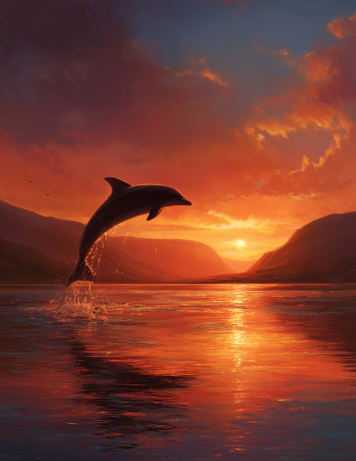 Dolphin — Realistic Jumping Art, Sunset Calm Digital Wall Art, 3 Sizes Included, Living Room Decor