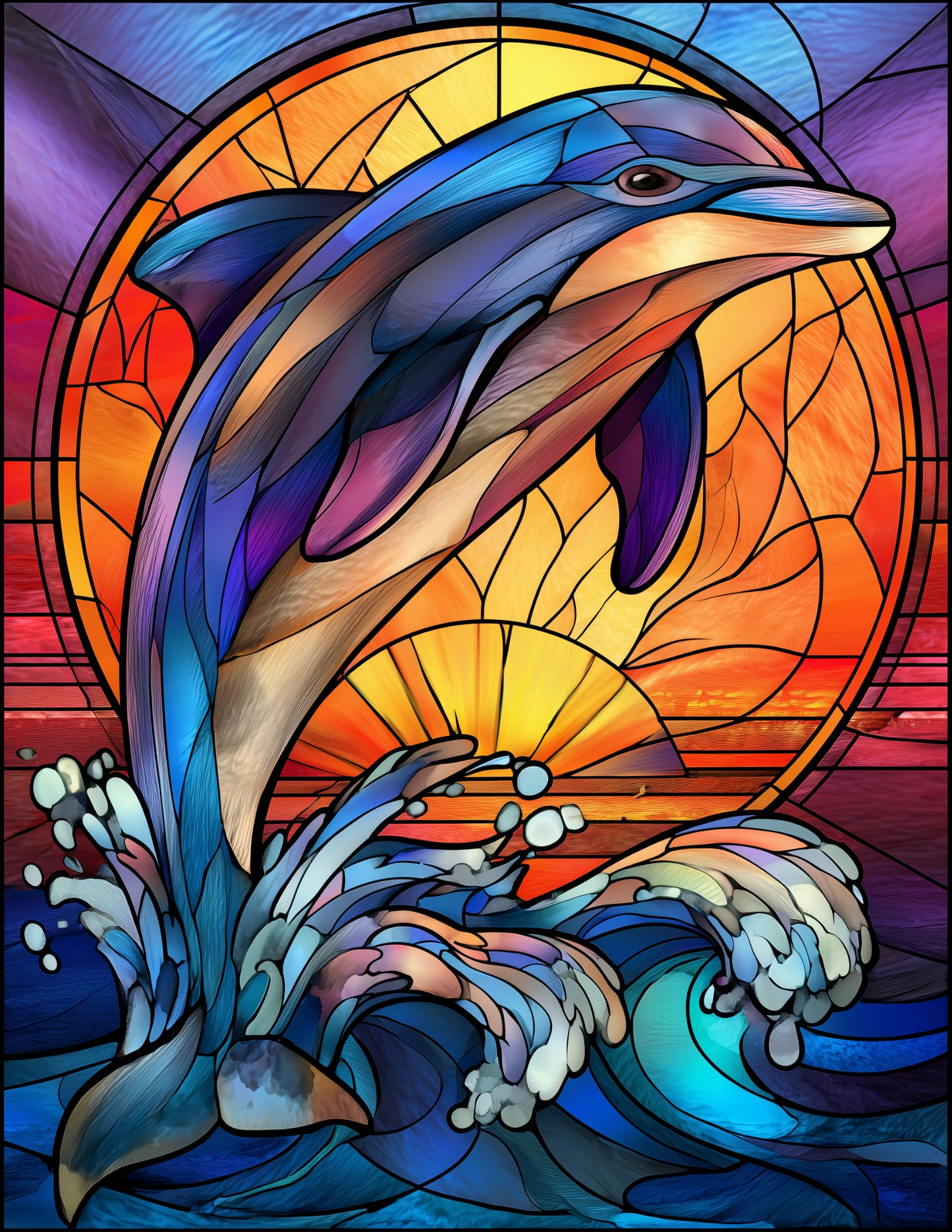 Dolphin — Stained Glass Jump Art, Amber Tones Digital Wall Art, 3 Sizes Included, Living Room Decor