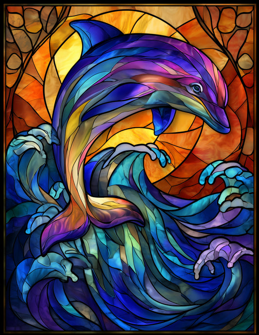 Dolphin — Stained Glass Jump Art, Sunset Tones Digital Wall Art, 3 Sizes Included, Living Room Decor