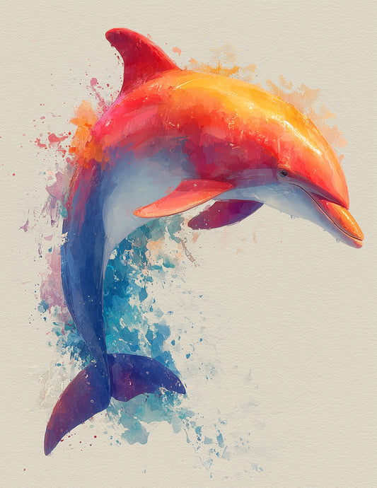 Dolphin Watercolor Art Sunset Burst, Digital Wall Art, 3 Sizes Included, Living Room Decor