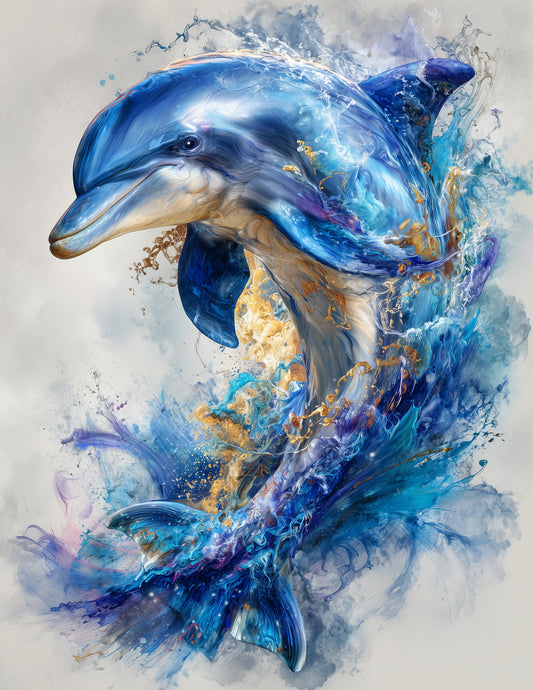 Dolphin Watercolor Art Vivid Splash, Digital Wall Art, 3 Sizes Included, Living Room Decor